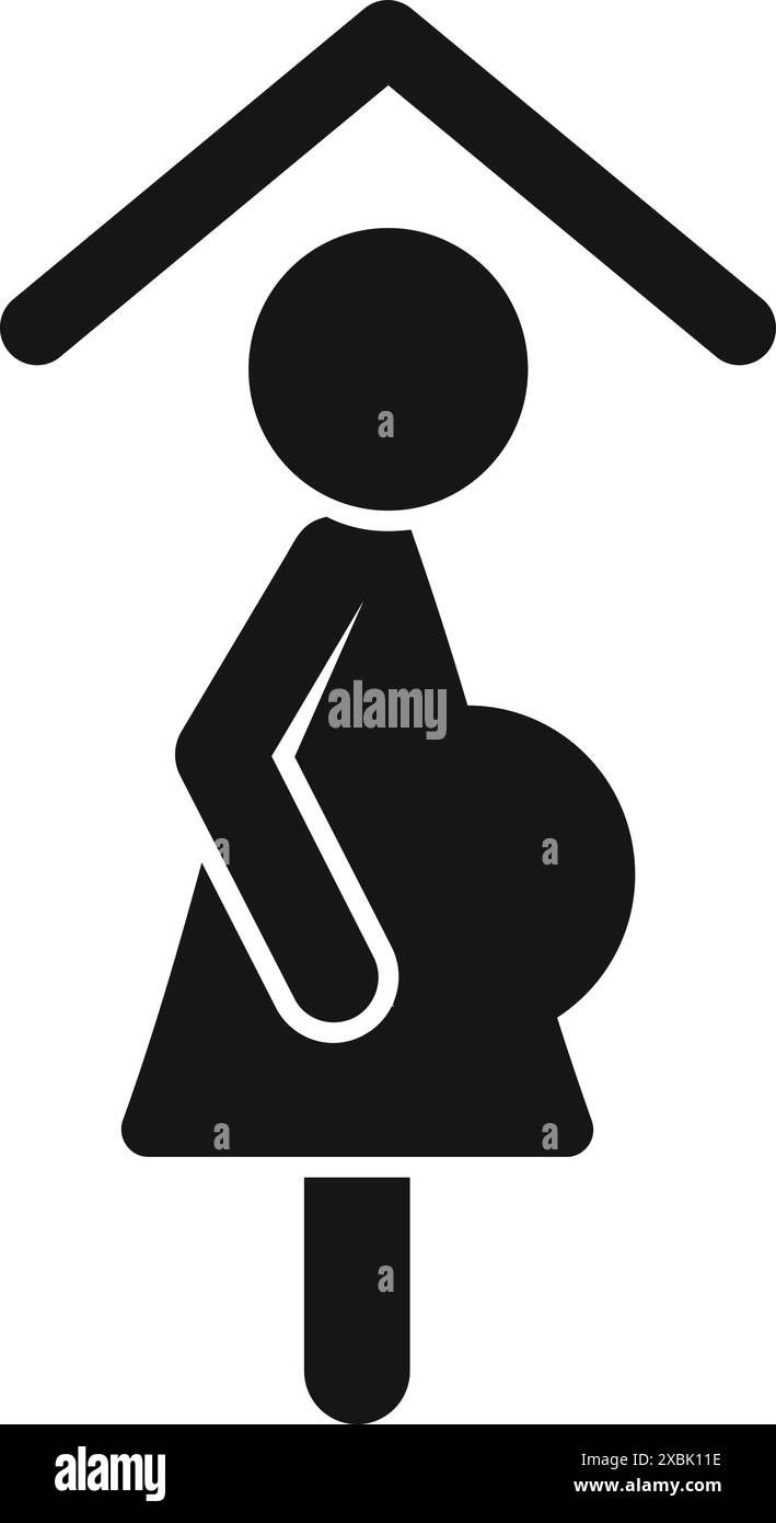 Silhouette einer schwangeren Frau, die unter einem Hausdach steht, symbolisiert Hausgeburt und Familienplanung Stock Vektor