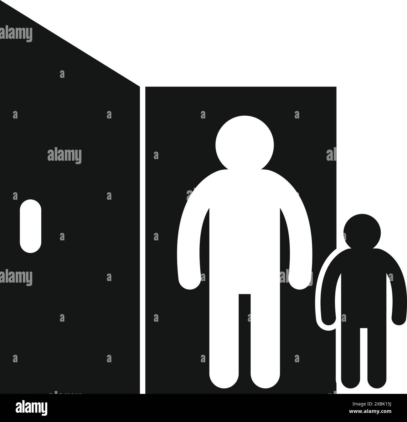 Einfache schwarz-weiße Ikone eines Vaters und Sohnes, die durch eine offene Tür stehen Stock Vektor