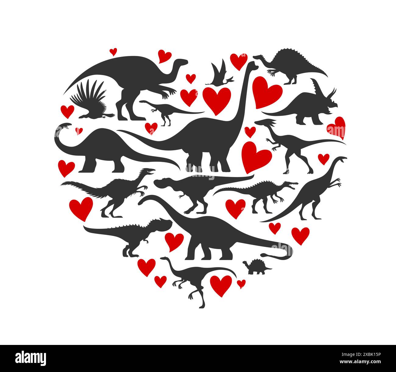 Ich liebe Dinosaurier-Herzform. Vektor-Dino-Silhouetten in Herzform, die die Leidenschaft für alte Kreaturen symbolisieren. T-rex-, Brachiosaurus- und triceratops-Arten vermischt mit roten Herzen Stock Vektor