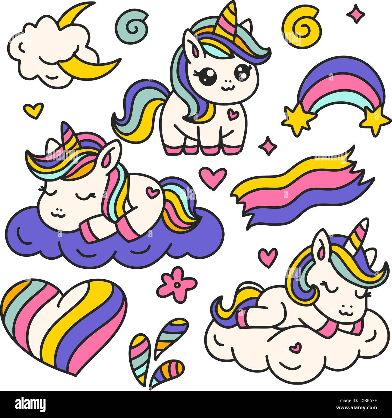 Set von niedlichen Cartoon Einhörnern isoliert auf Einem weißen Einhorn Tier und Regenbogen. Kindergeburtstag Und Babydusche Vektor Stock Vektor