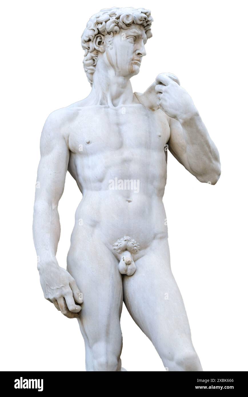 Marmorstatue von Michelangelos David, ausgeschnitten auf transparentem Hintergrund, PNG-Format. Stockfoto