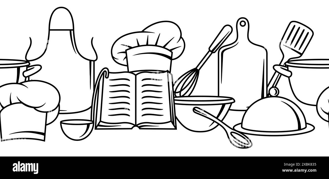 Muster mit Küchenutensilien. Kochutensilien für Zuhause und Restaurant. Stock Vektor