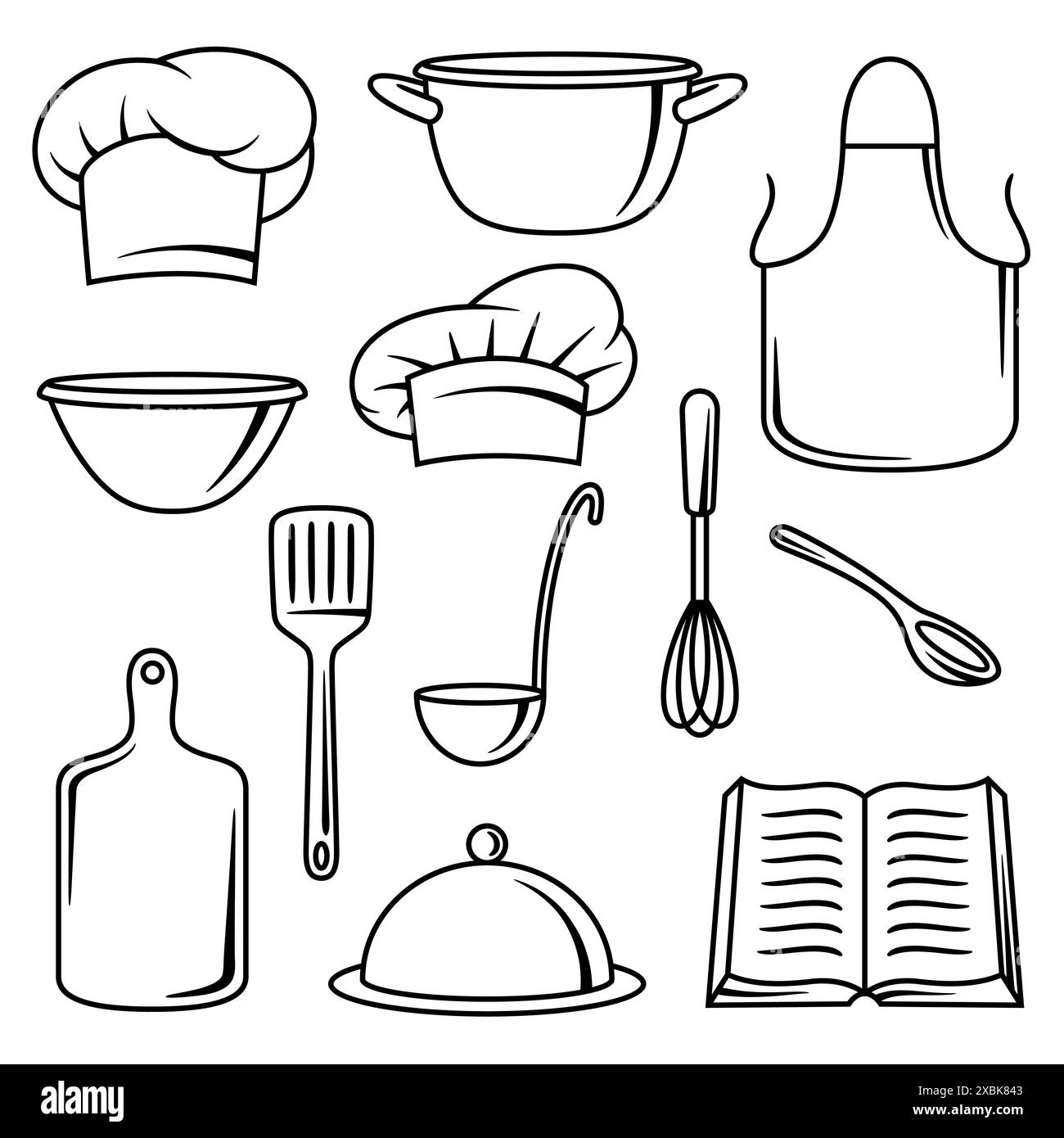 Set mit Küchenutensilien. Kochwerkzeuge für Heim- und Restaurantartikel. Stock Vektor