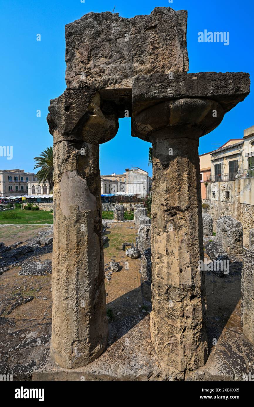 Der Apollo-Tempel ist eines der wichtigsten antiken griechischen Denkmäler auf Ortygia, vor der Piazza Pancali in Syrakus, Sizilien, Italien Stockfoto Der Apollo-Tempel ist eines der wichtigsten antiken griechischen Denkmäler auf Ortygia, vor der Piazza Pancali in Syrakus, Sizilien, Italien Stockfoto