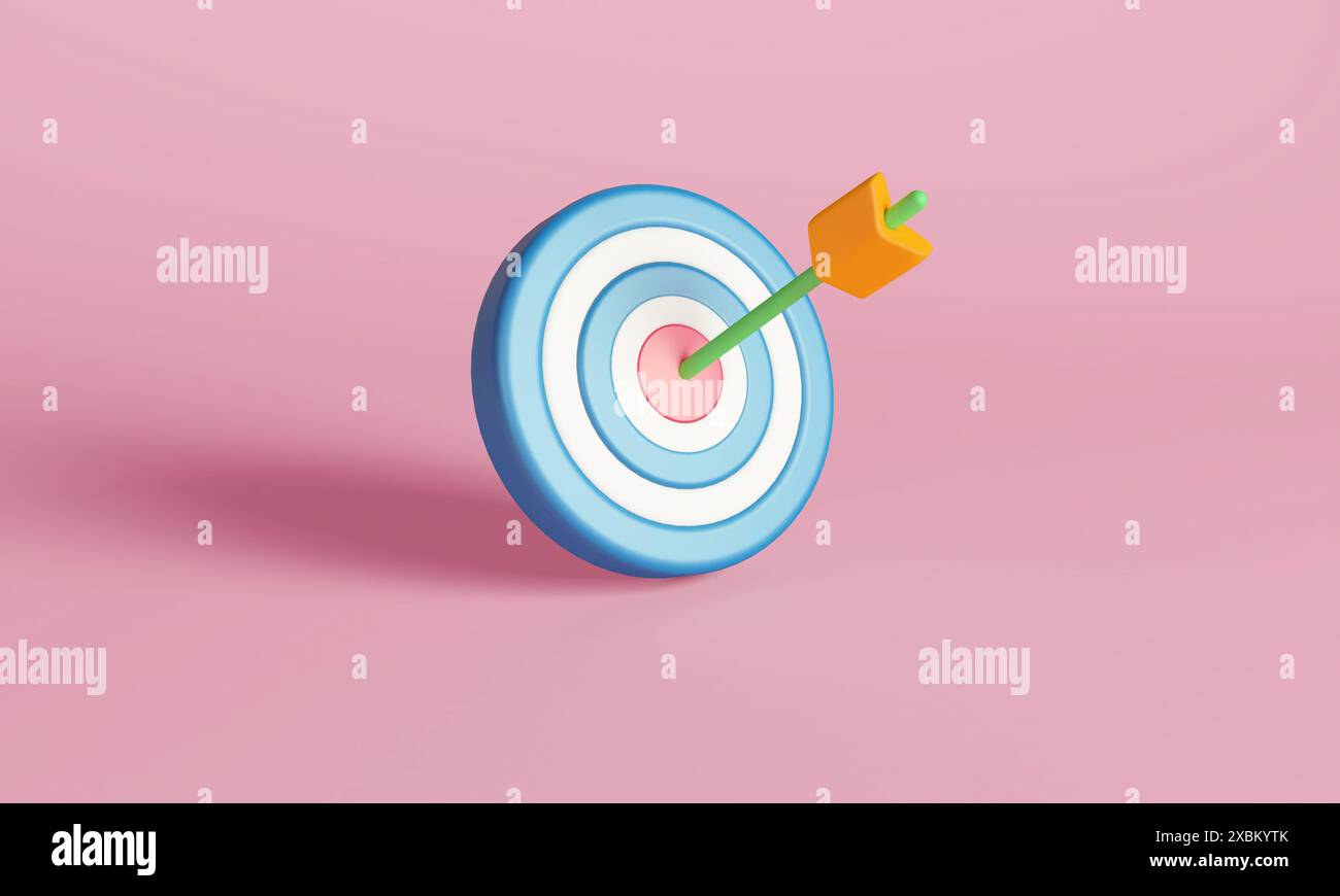 3D-Illustration eines orangen Pfeils, der die Mitte eines blau-weißen Bullseye-Ziels auf rosa Hintergrund trifft. Stockfoto