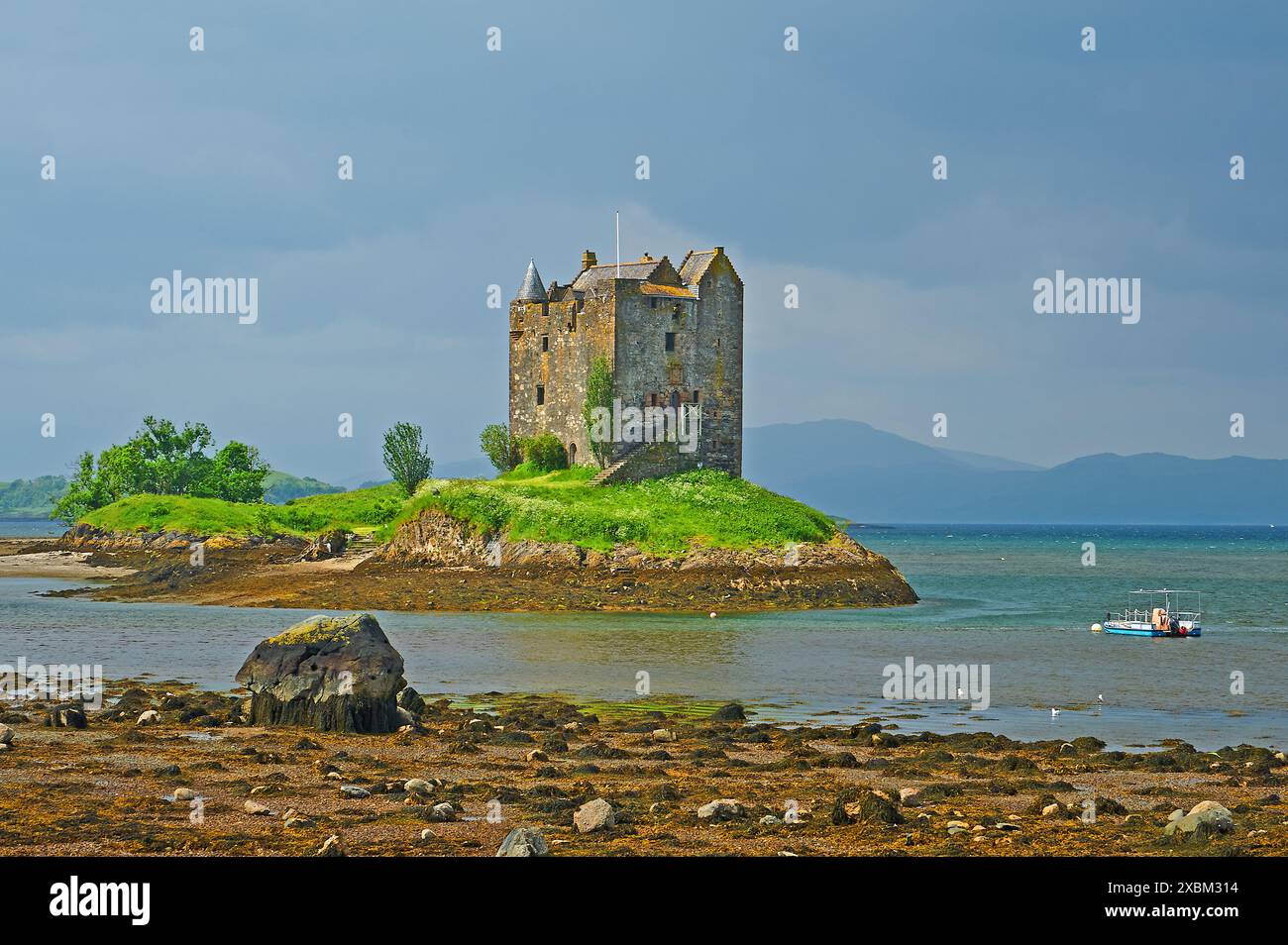 Castle Stalker befindet sich an einem Fluteinfluss von Loch Linnie, Loch Laich und ist eine ruinöse vierstöckige Turmhaus oder Donjon Stockfoto