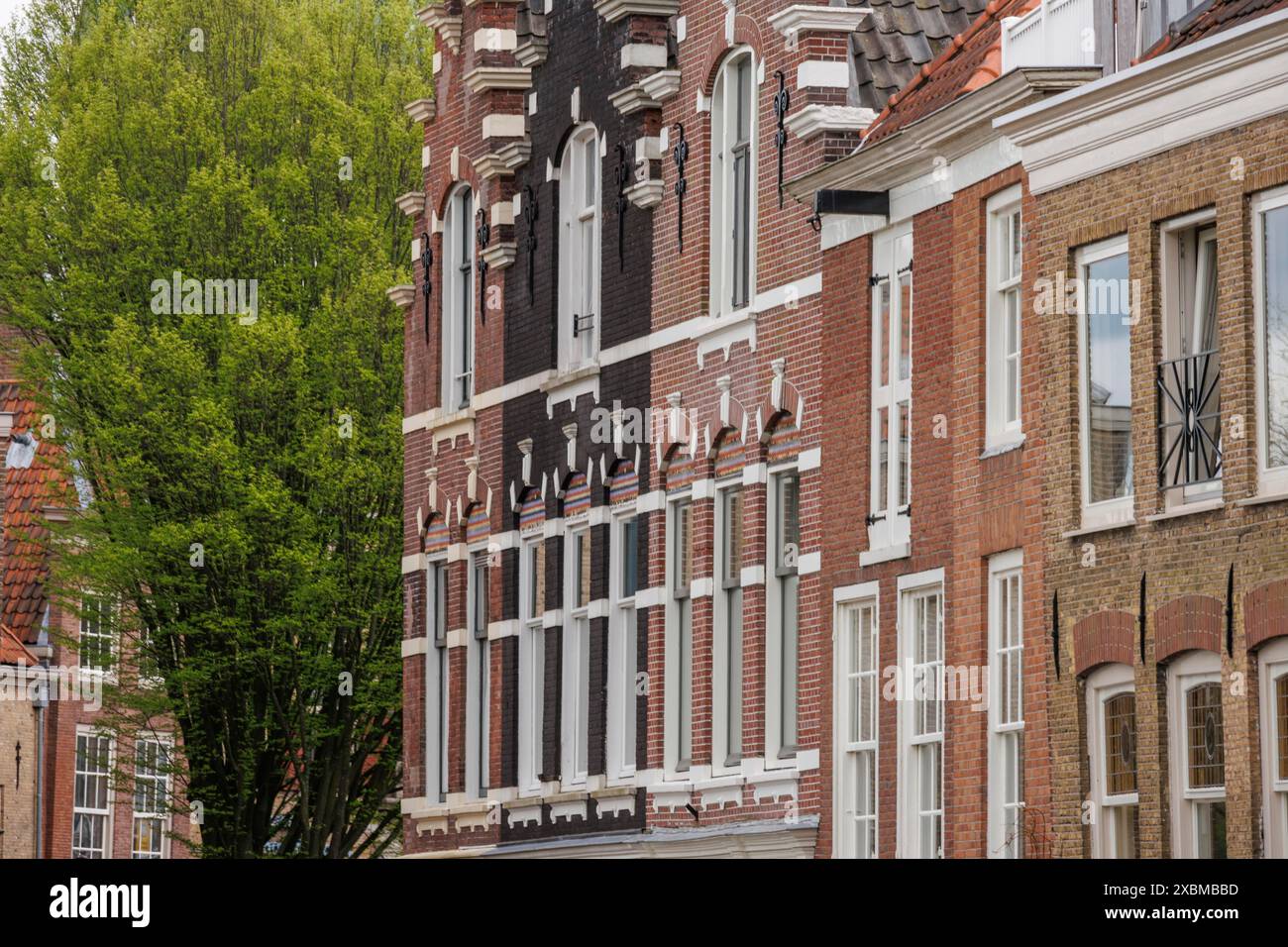 Eine Gruppe historischer Backsteinhäuser mit detaillierten Fassaden und Bäumen im Hintergrund, Dordrecht, holland, niederlande Stockfoto