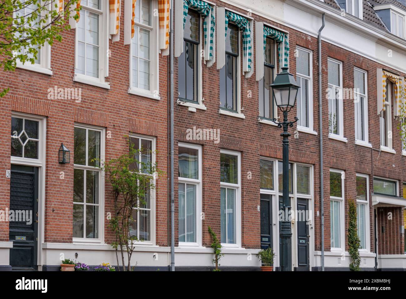 Reihen von eleganten Stadthäusern mit detaillierten Fassaden und farbenfrohen Vorhängen, den Haag, Niederlande Stockfoto