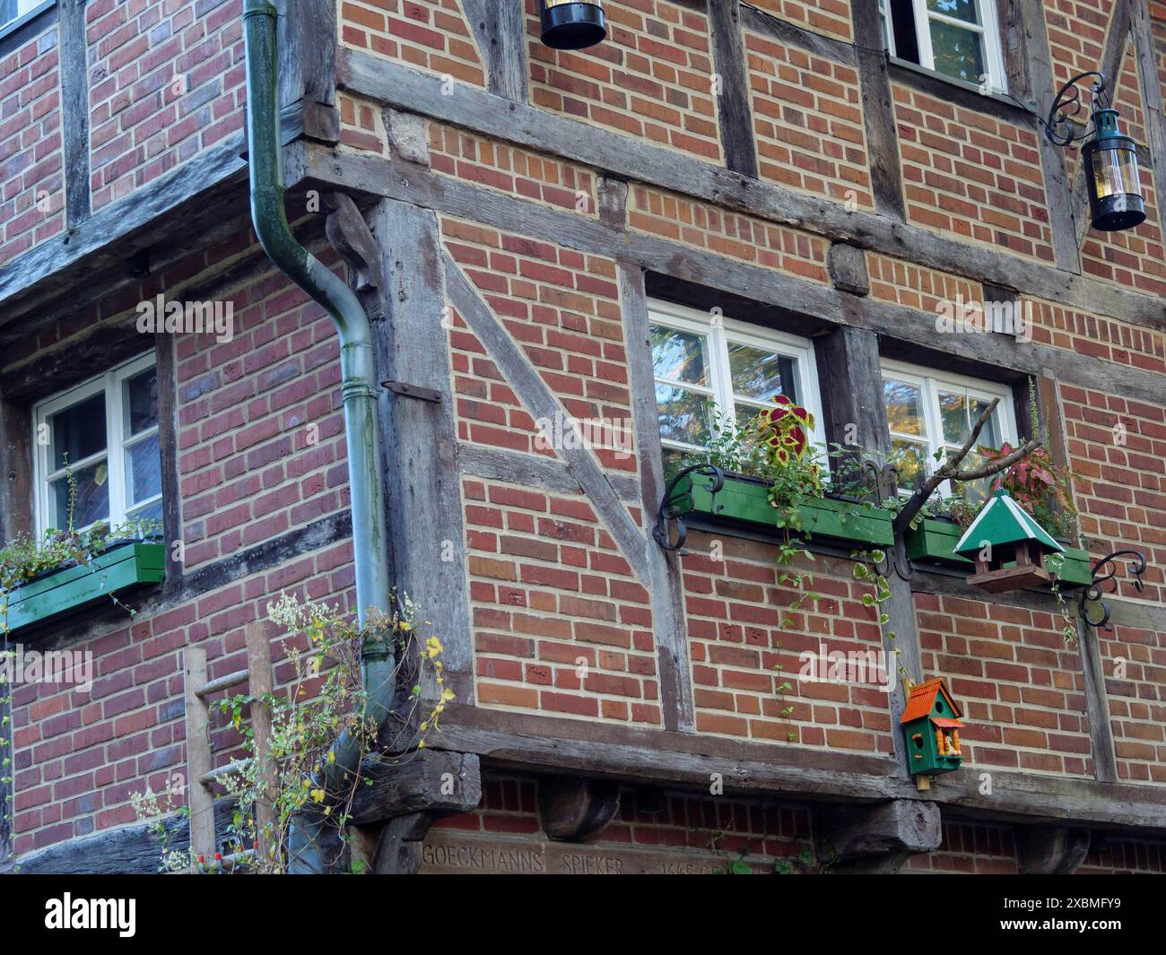 Detailliertes Fachwerkhaus mit bunten Blumen und Vogelhäusern an den Fenstern, nottuln, münsterland, deutschland Stockfoto