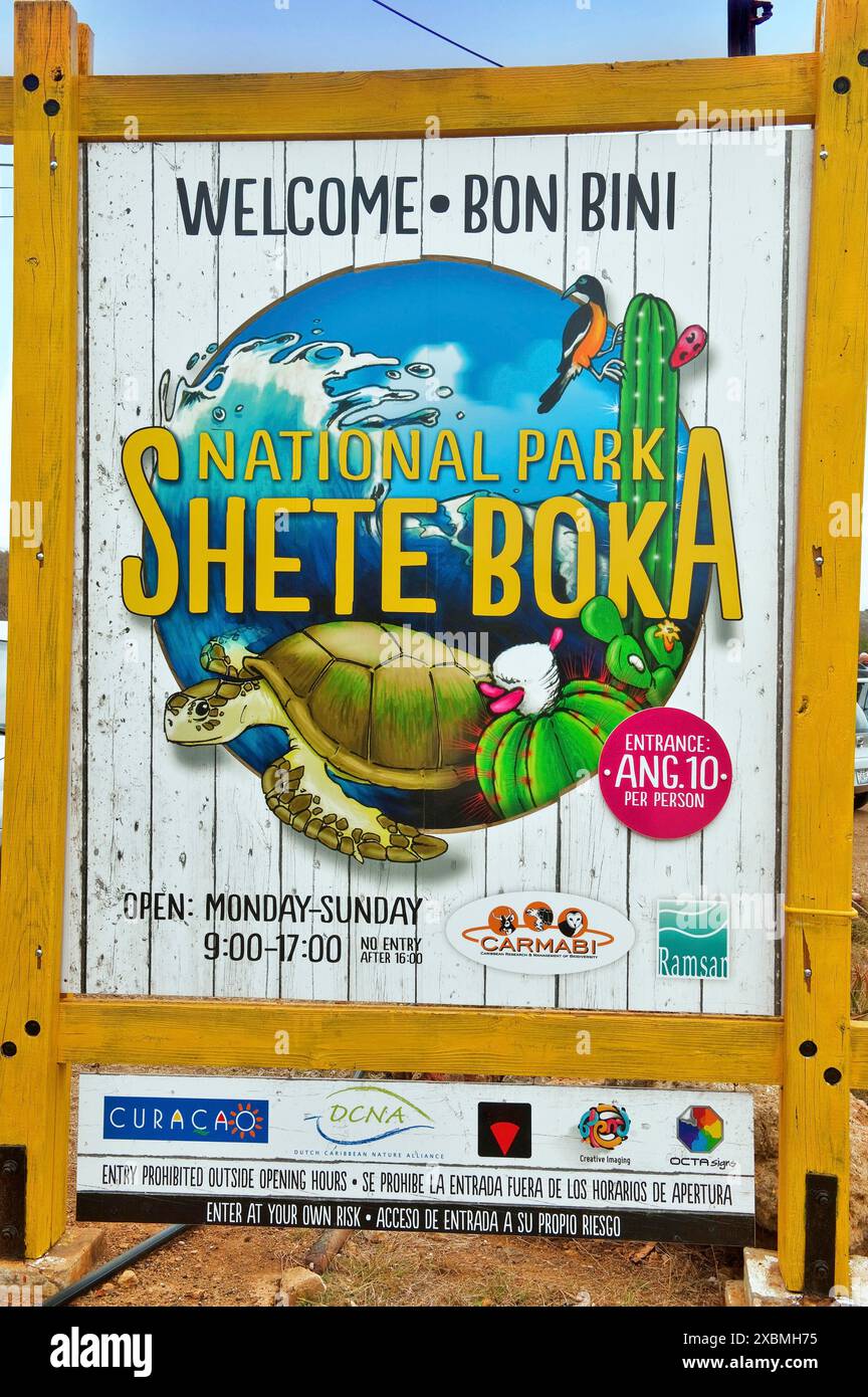 Eintritt zum Schild für Touristen im Naturschutzgebiet Shete Boka Nationalpark, Karibik, Windward Inseln, niederländische Antillen, ABC Inseln ABC Inseln Stockfoto