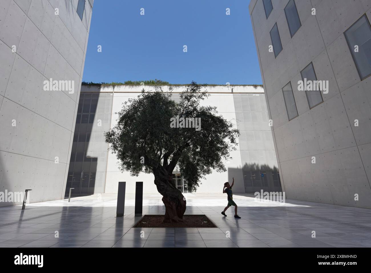 Junge, der unter einem Olivenbaum spaziert, Silhouette zwischen moderner Betonarchitektur, kulturelles Zentrum der Stavros Niarchos Stiftung, Architekt Stockfoto