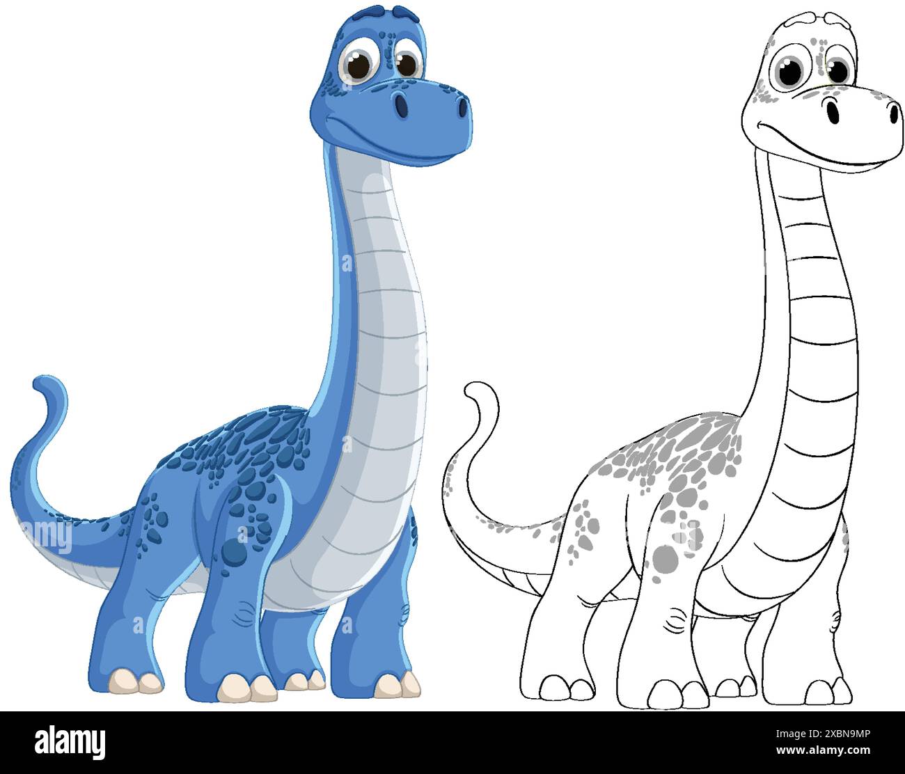 Zwei entzückende Dinosaurier, einer farbig, einer umrissen Stock Vektor