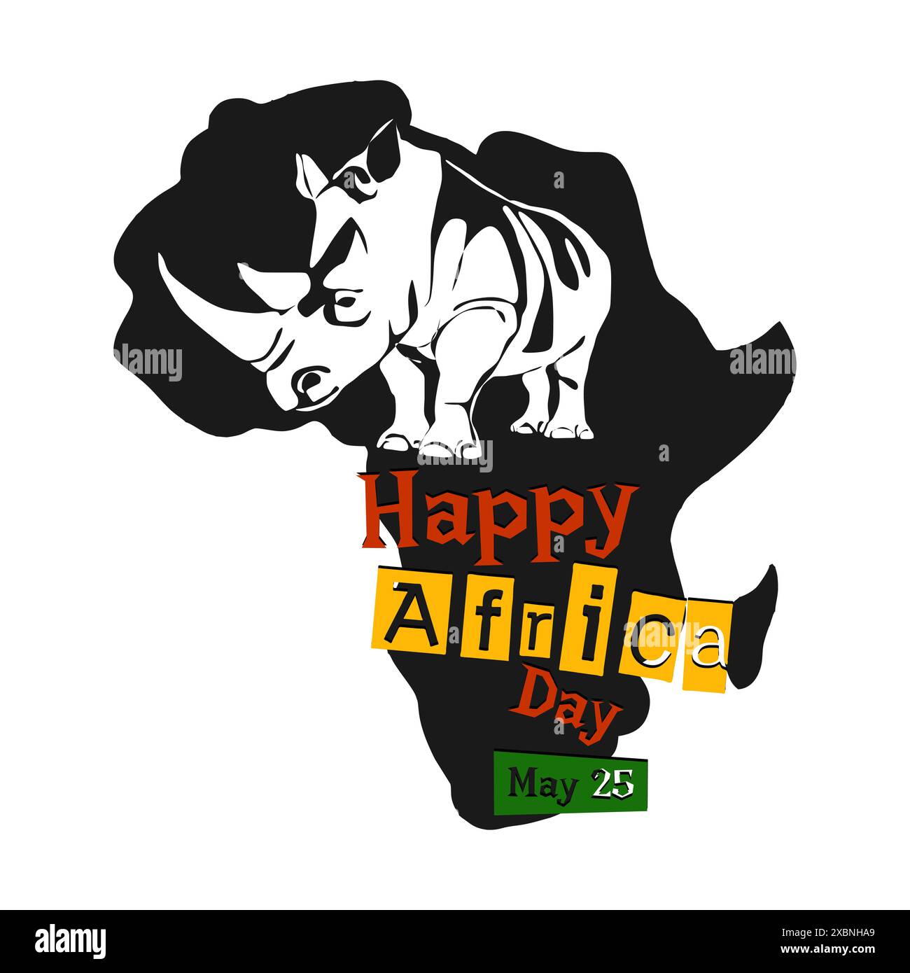 Illustration zum Welt-Afrika-Tag mit Afrika-Karte und Silhouette afrikanischer Tiere. Poster zum 25. Mai: Happy Africa Day Stock Vektor