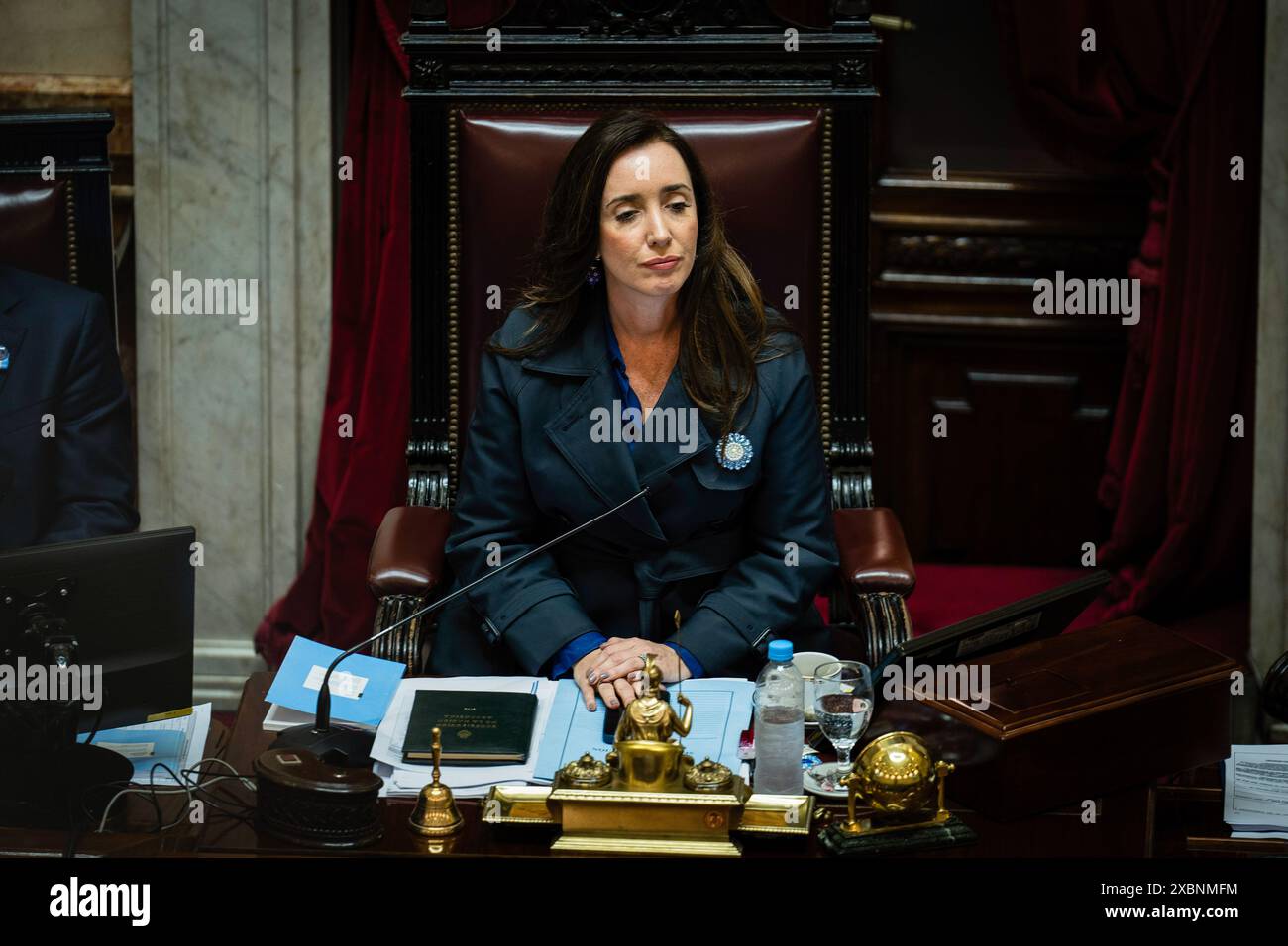 Buenos Aires, Argentinien. Juni 2024. Victoria Villarruel, Vizepräsidentin der Nation. Die Senatskammer des argentinischen Kongresses diskutiert die Ley-Basen von Javier Milei, die bereits von der Abgeordnetenkammer genehmigt wurden, während Hunderttausende Demonstranten auf den Straßen protestieren und es zu Konfrontationen und Repressionen der Sicherheitskräfte kommt. (Foto: Santiago Oroz/SOPA Images/SIPA USA) Credit: SIPA USA/Alamy Live News Stockfoto