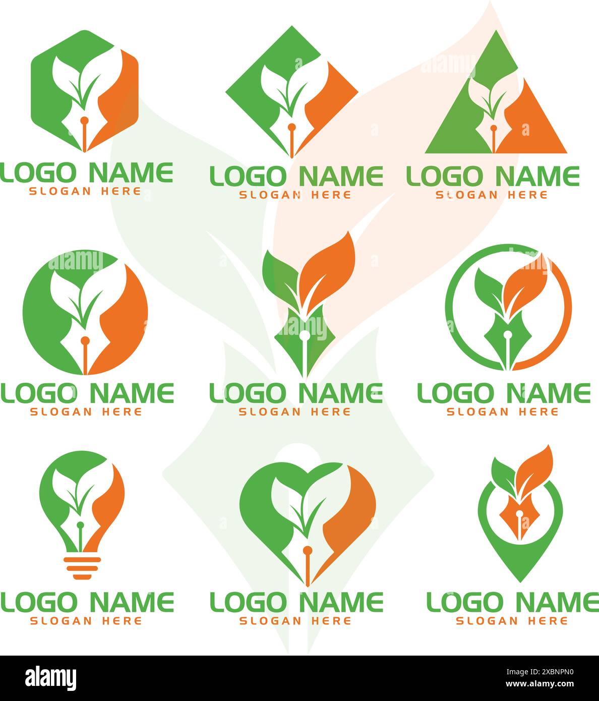 Logo-Design mit Stift- und Blattkombination. Schreib- und Öko-Symbol oder Symbol, Organic Leaves Logo Vektor. Stock Vektor