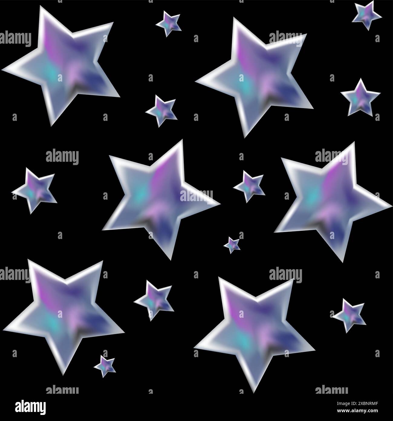 Nahtloses 3D-holografisches Retro-90-Muster. Verchromte Sterne im Y2K-Stil auf schwarzem Hintergrund. Ästhetik der Zukunft, 3D-Chrom-Blasenkunst. Abstrakte Kunst aus Metall in Hochglanz. Stock Vektor