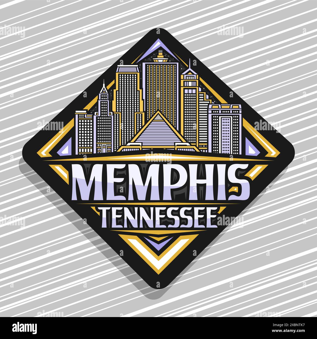 Vektor-Logo für Memphis, schwarzes dekoratives Rautenschild mit Linienillustration der modernen memphis Stadtlandschaft, Kunstdesign städtischer Kühlschrankmagnet wi Stock Vektor