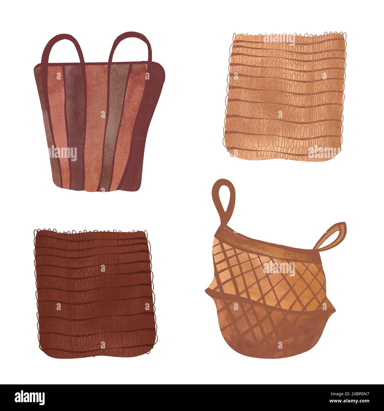 Ein Set aus Korben aus hellem und dunklem Stroh für Innenräume im rustikalen oder Wabi-Sabi-Stil. Ein Ständer für Blumen zu Hause oder Stauraum. Startseite Stockfoto