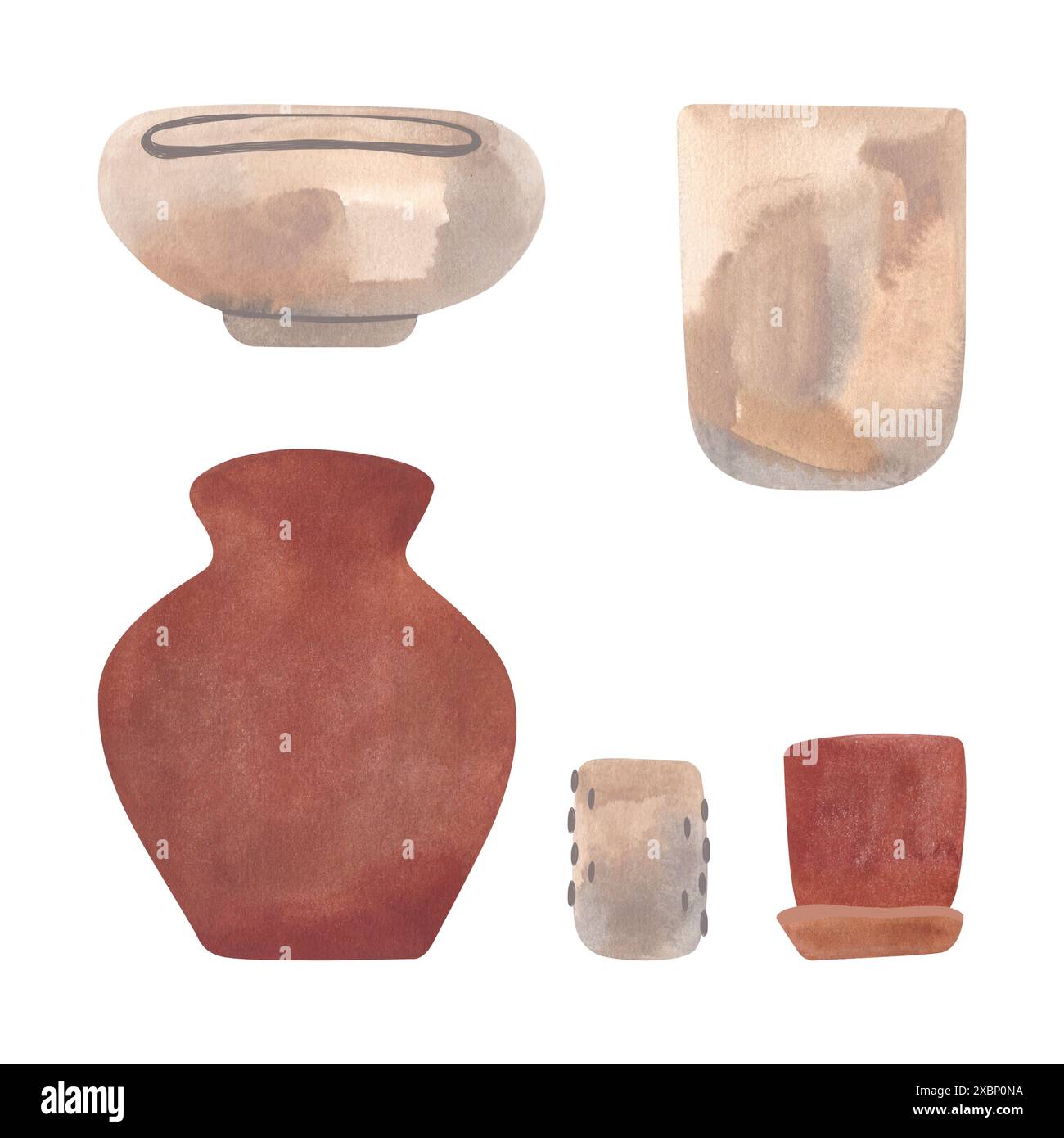 Ein Set aus Keramikblumentöpfen im Innenraum aus weißem gebranntem Ton oder Beton und rotem Ton für ein rustikales oder wabi-Sabi-Interieur. Heimbedarf. Isoliert Stockfoto