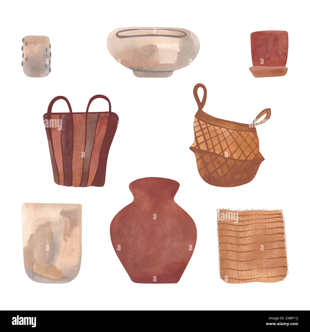 Ein Set aus keramischen Blumentöpfen aus weißem und rotem Ton und Körbe aus hellem und dunklem Stroh für einen Innenraum in rustikalem oder wabi-Sabi Stockfoto