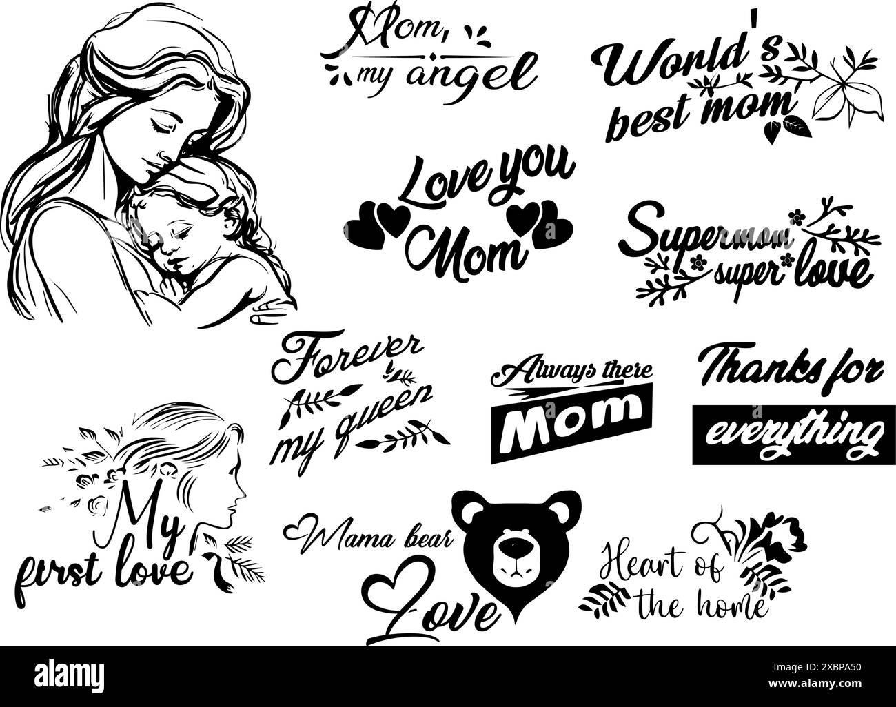 Muttertag Gestaltungsideen mit Textrahmen, Rahmen und anderen Dekorationen, Englisch Version. Offener Pfad verfügbar. Bearbeitbar. Stock Vektor