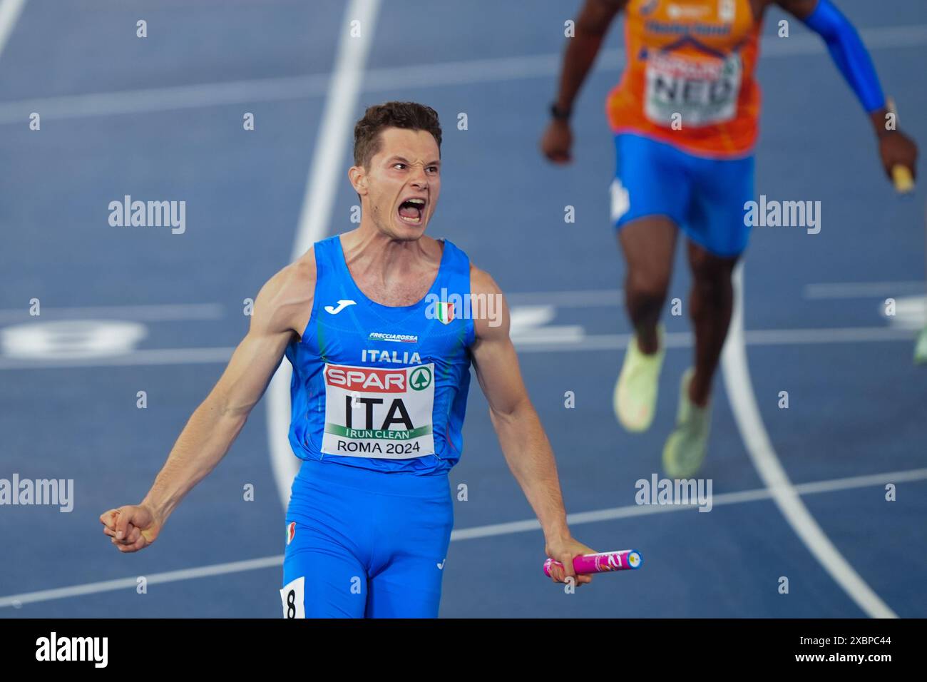 Rom, Italien 20240612. Der Italiener Filippo Tortu reist im Olympiastadion in Rom, Italien, zum Sieg in der 4 x 100 m langen Staffel der Männer bei den Leichtathletik-Europameisterschaften 2024. Foto: Lise Åserud / NTB Stockfoto