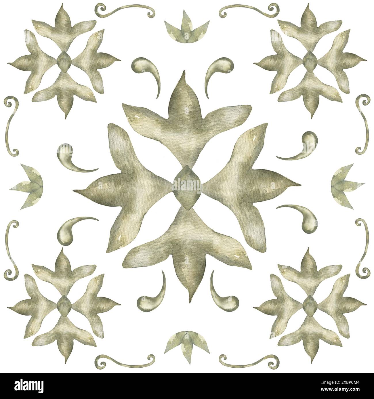 Aquarellfliesen mit grüner Ornament Komposition Illustration, Azulejos Fliesen Clipart, florale Komposition Stockfoto