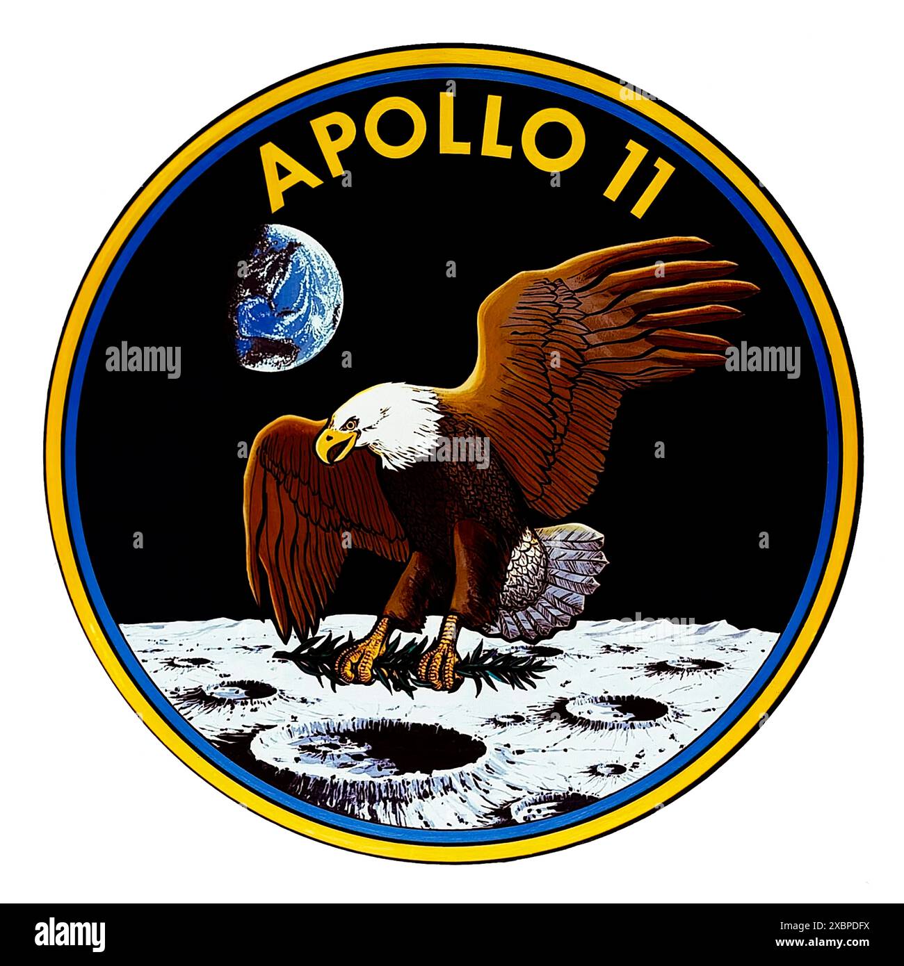 Apollo 11 Mondlandungsmission 1969 Insignien mit einem amerikanischen Weißkopfadler, der als Symbol des Friedens einen Olivenzweig auf die Mondoberfläche bringt, und wurde unter Mitwirkung der Crew entworfen: Neil Armstrong, Buzz Aldrin und Michael Collins. Stockfoto