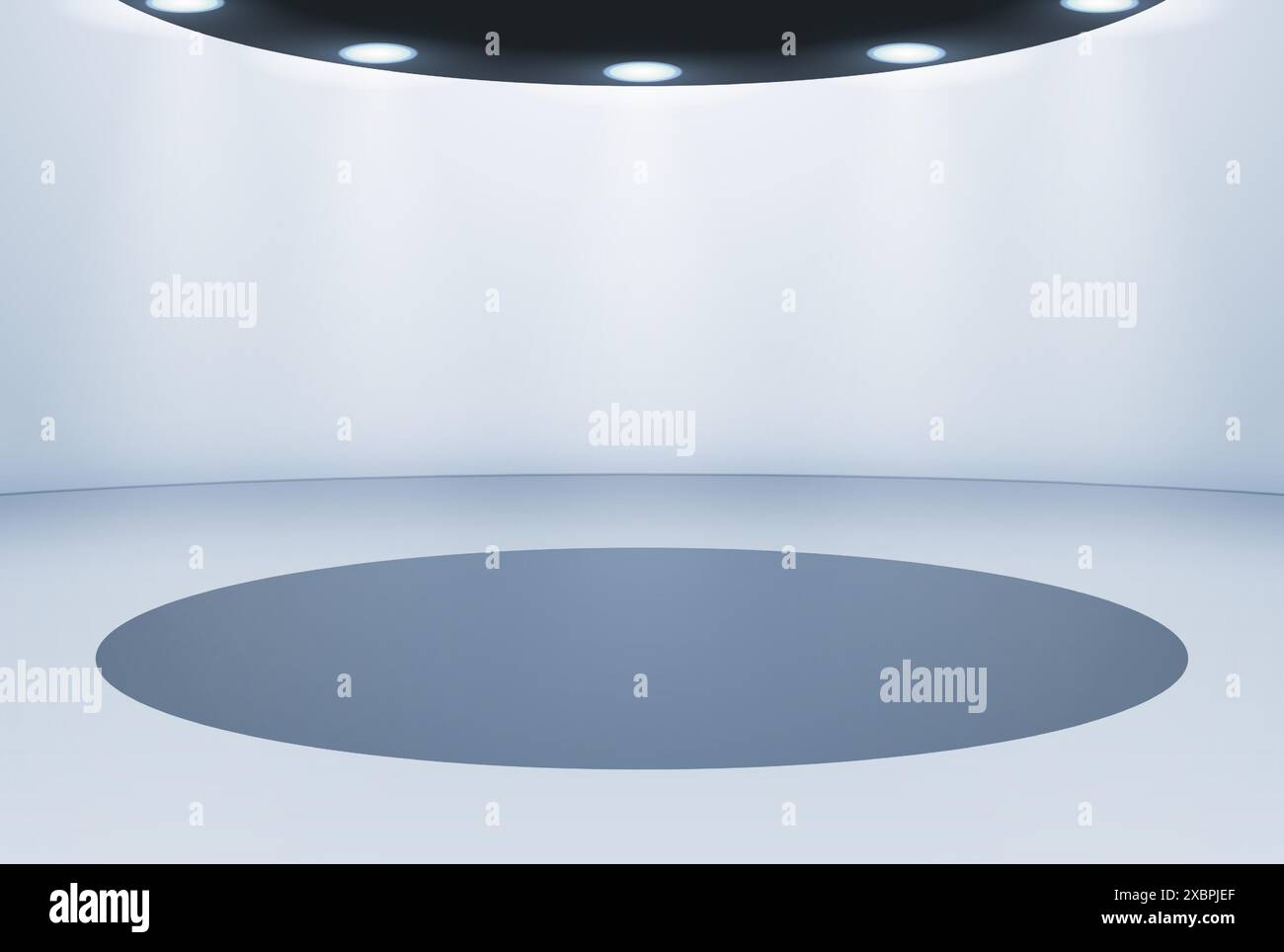 Leerer Ausstellungsraum vor einem Atelierhintergrund in modernem, schlichtem Design mit rundem beleuchtetem Podest oder Podium. Vektorillustraten Stock Vektor