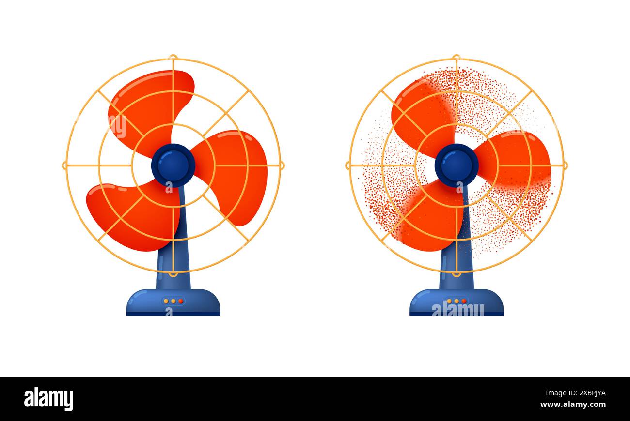 Die elektrischen Tischventilatoren wurden ausgeschaltet und laufen mit der Brise auf weißem Hintergrund. Vektorabbildung. Stock Vektor