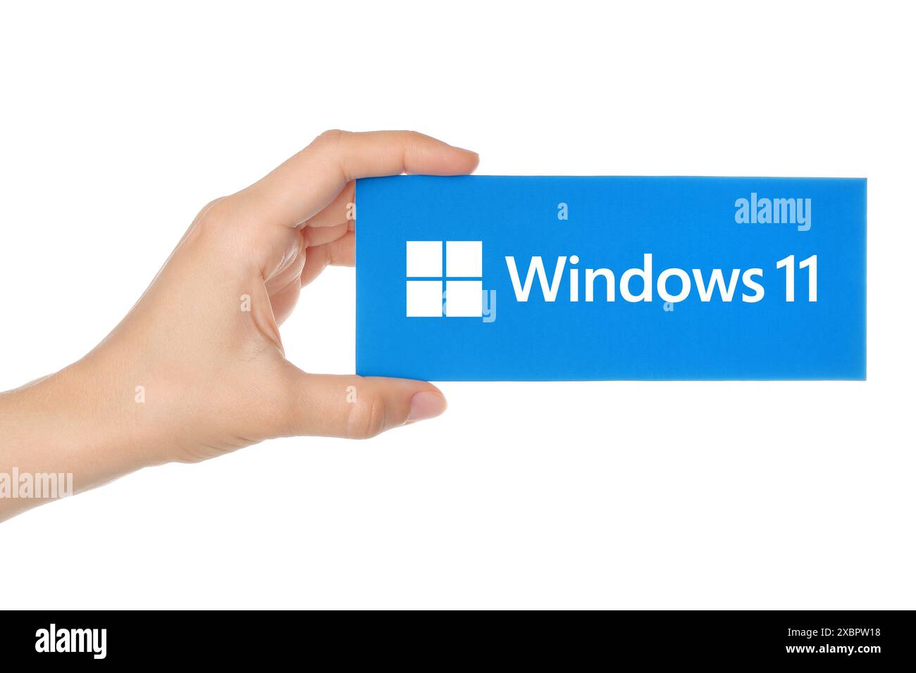 Frau Hand, die das Windows 11-Logo trägt, isoliert auf einem transparenten Hintergrund. Windows 11 ist ein von Microsoft entwickeltes Betriebssystem Stockfoto