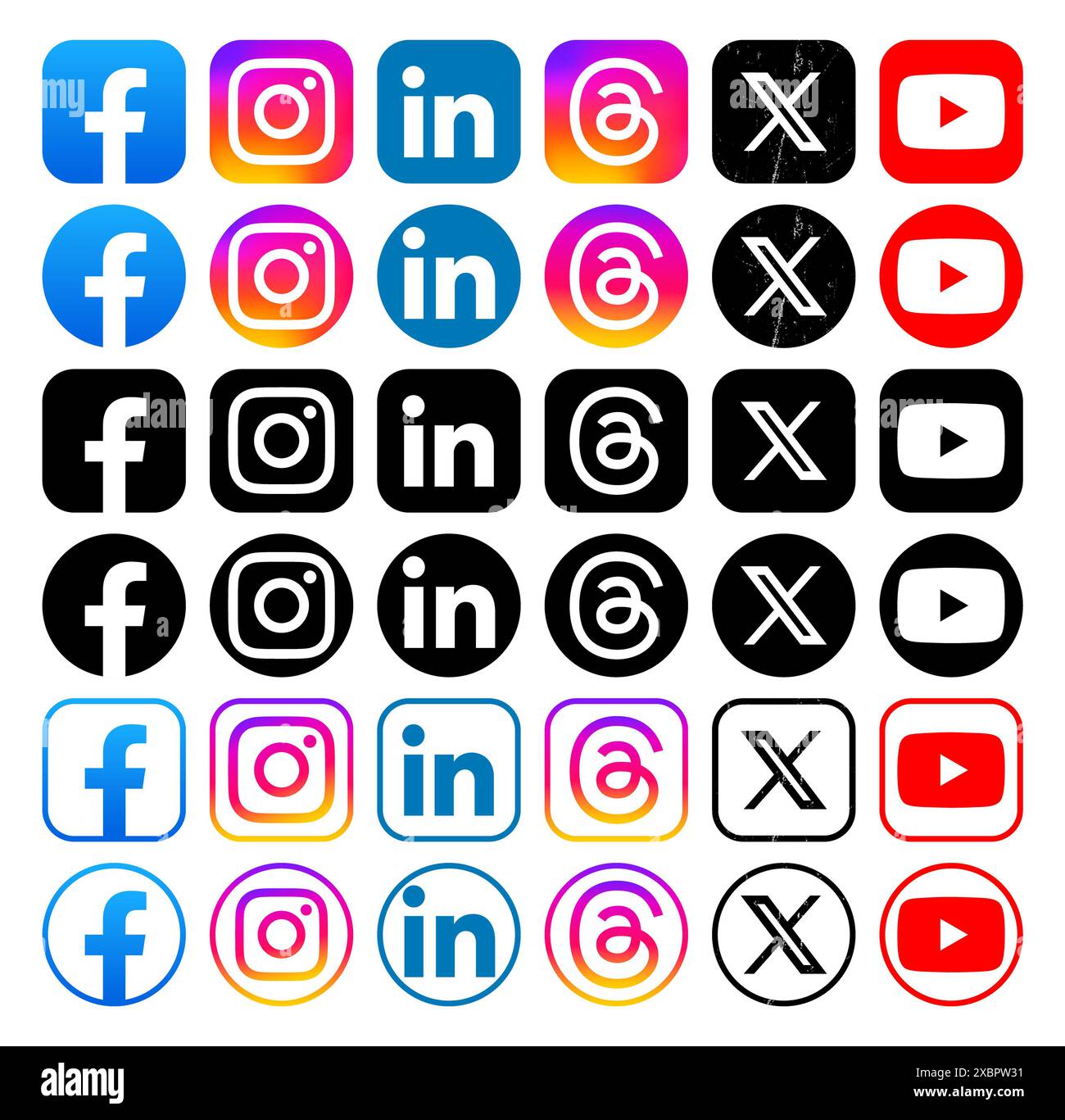 Kiew, Ukraine - 12. Februar 2024: Set populärer Social Media- und Mobile Apps-Symbole in verschiedenen Formen, z. B. Facebook, Instagram, LinkedIn, Threa Stockfoto