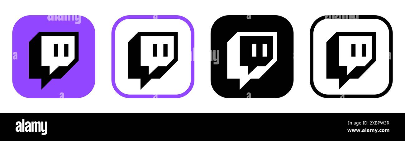 Kiew, Ukraine - 5. Februar 2024: Set von Twitch-Symbolen für mobile Apps, gedruckt auf Papier. Twitch ist ein US-amerikanischer Live-Streaming-Dienst, der sich auf o konzentriert Stockfoto