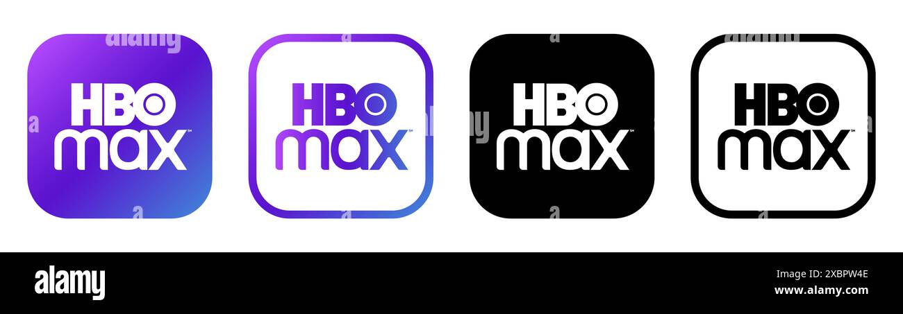 Kiew, Ukraine - 5. Februar 2024: Set von HBO Max Mobile App-Symbolen, gedruckt auf Papier. HBO Max ist ein US-amerikanisches Video-On-Demand Over-the-Top Stockfoto