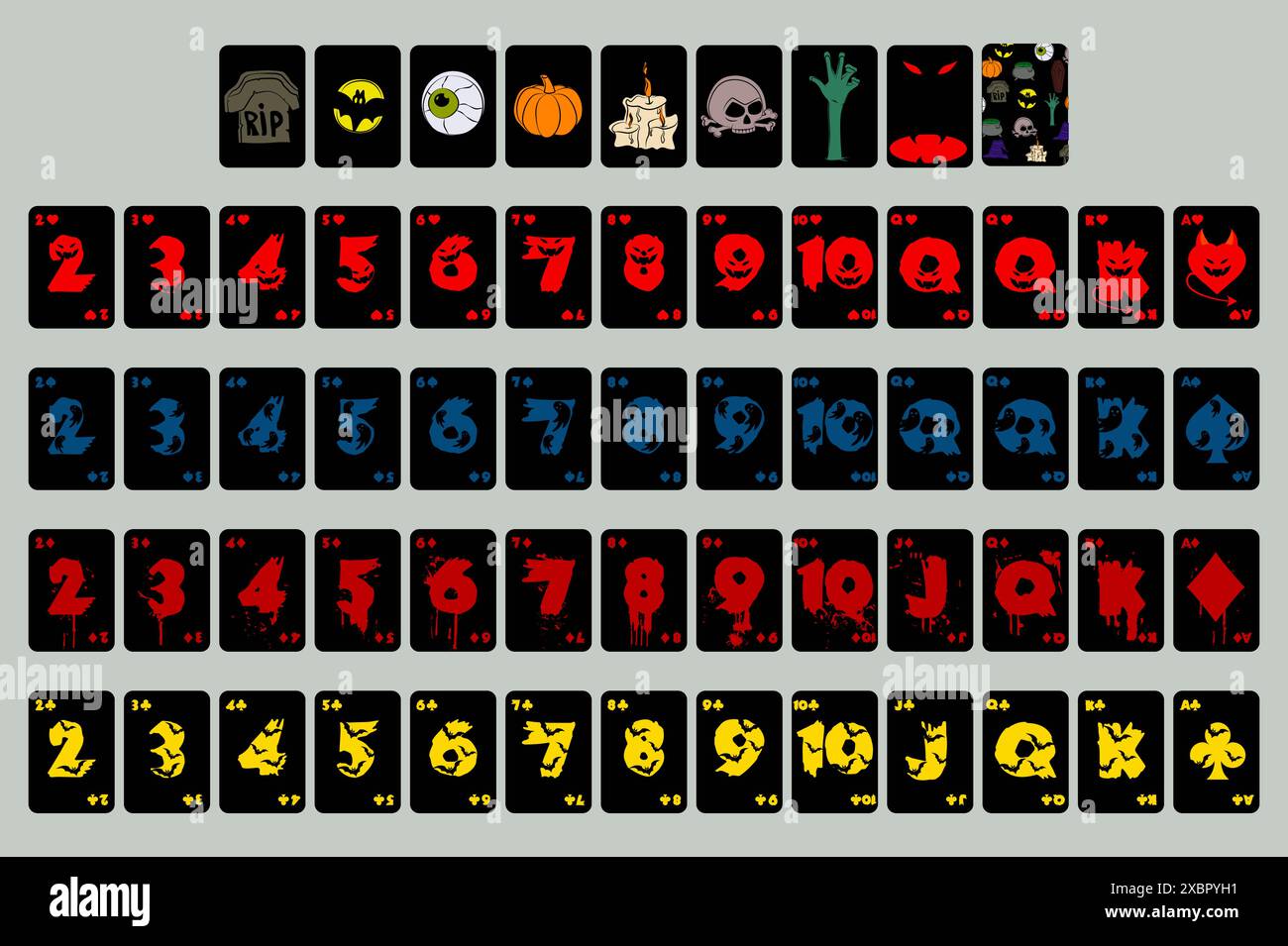 Halloween Spielkarten, Poker Set. Zahlen von 2 bis 10, Ass, Königsschädel, Hexenkönigin, Jack-Geist. Originalspielkarten Stock Vektor