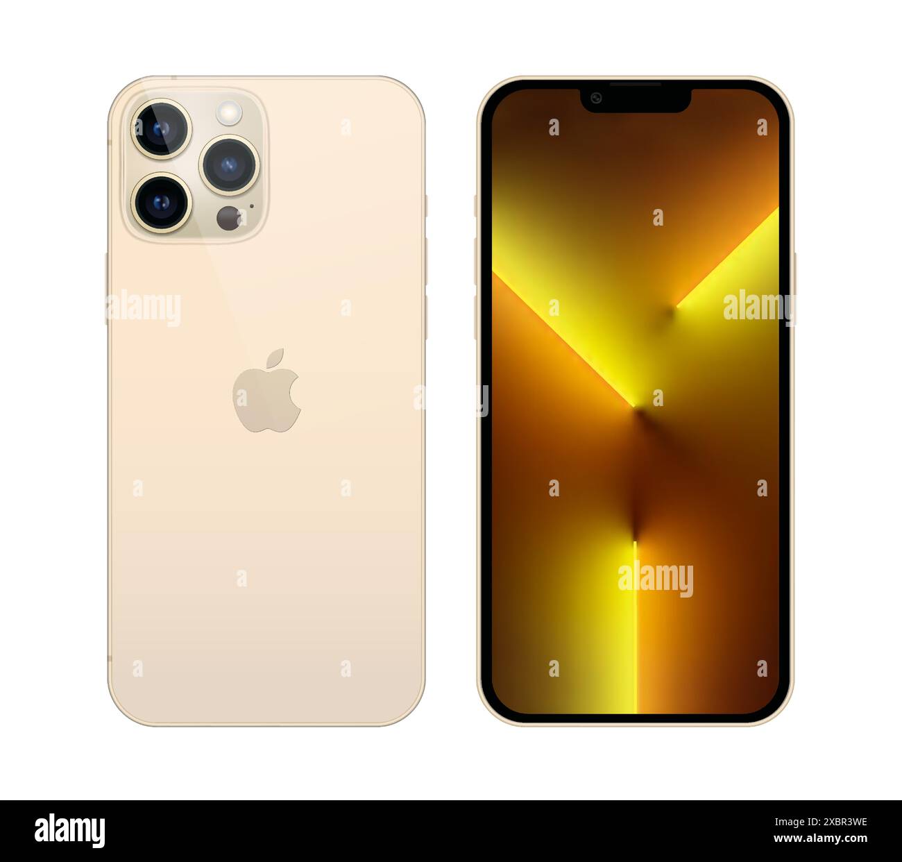 Kiew, Ukraine - 05. November 2021: Smartphone Apple iPhone 13 Pro, auf Vorder- und Rückseite und in offizieller goldener Farbe, auf weißem Hintergrund. Realis Stock Vektor