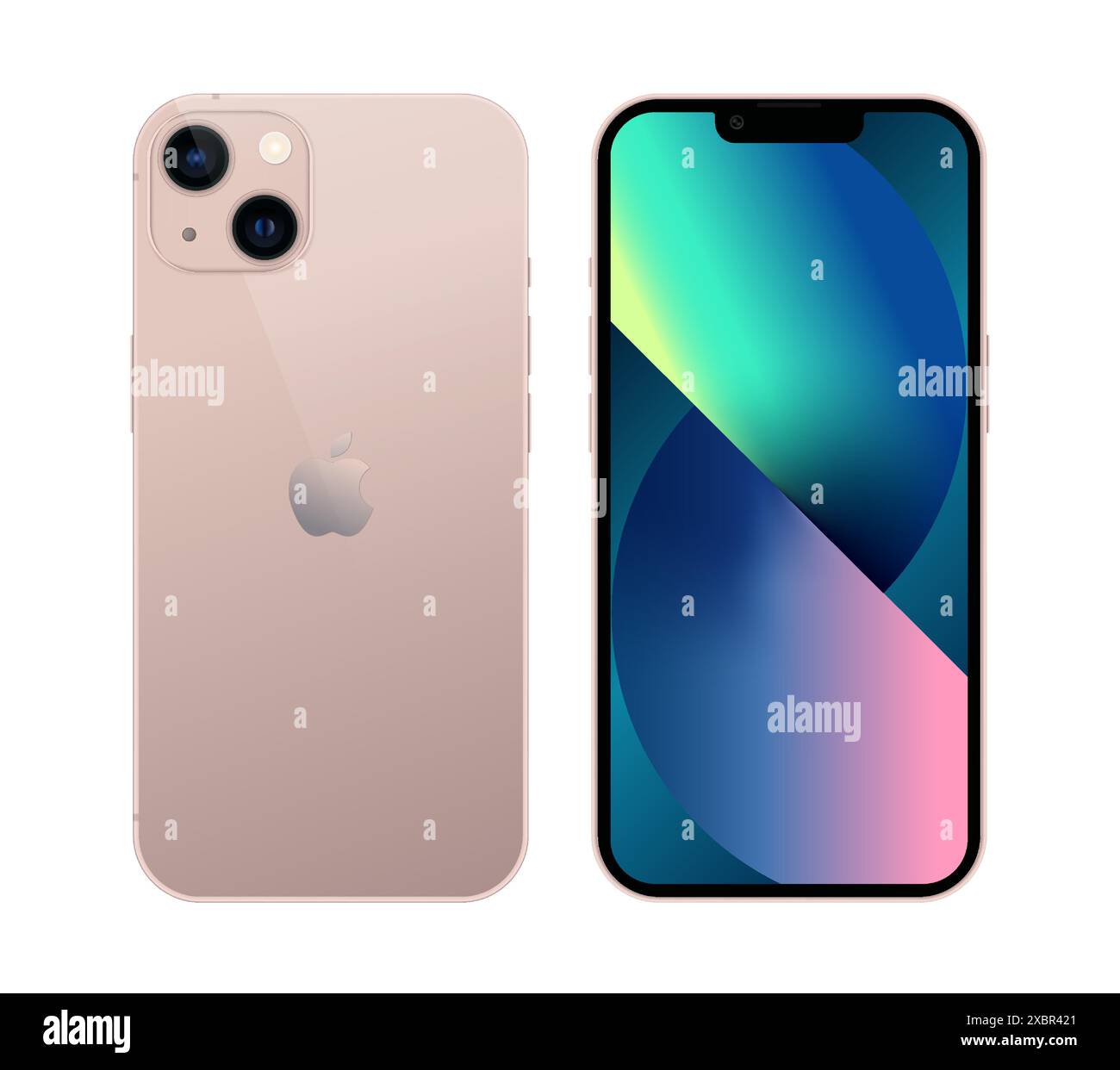 Kiew, Ukraine - 05. November 2021: Smartphone APPE iPhone 13 auf Vorder- und Rückseite, in offizieller rosa Farbe, auf weißem Hintergrund. Realistischer Vektor i Stock Vektor