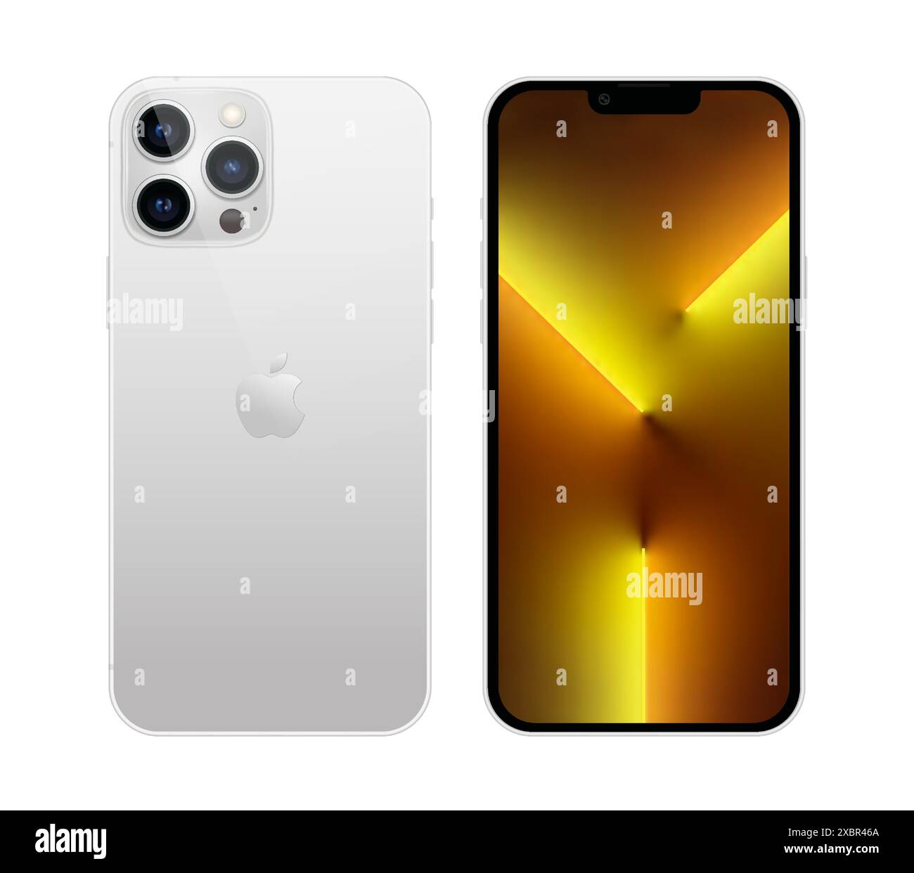 Kiew, Ukraine - 05. November 2021: Smartphone Apple iPhone 13 Pro, auf Vorder- und Rückseite und in offizieller weißer Farbe, auf weißem Hintergrund. Realistisch Stock Vektor