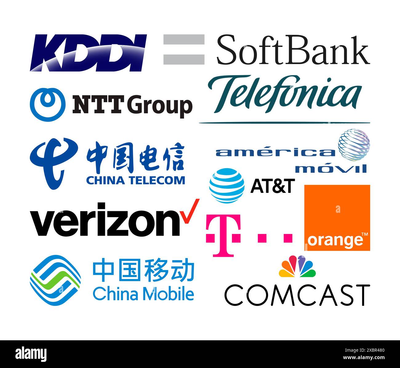 Kiyv, Ukraine - 26. November 2021: Logos der weltweit größten Telekommunikationsunternehmen, wie China Telecom, AT und T, Verizon, Tele Stock Vektor