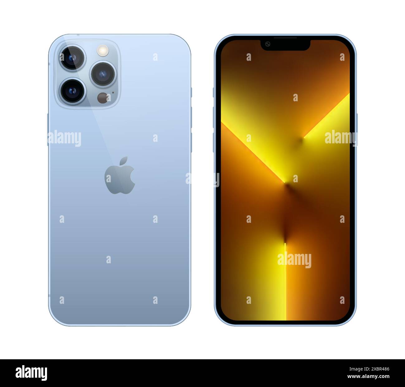 Kiew, Ukraine - 05. November 2021: Smartphone Apple iPhone 13 Pro, auf Vorder- und Rückseite und in offizieller blauer Farbe, auf weißem Hintergrund. Realisti Stock Vektor