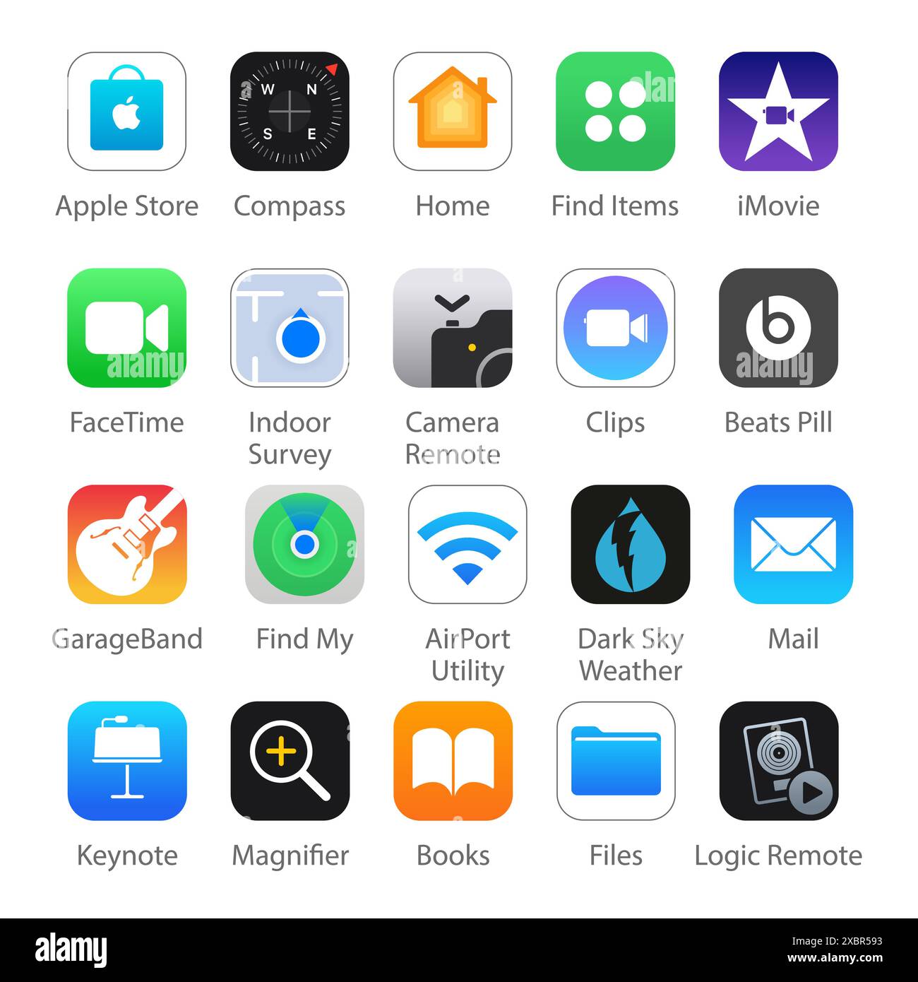 Kiew, Ukraine - 29. April 2022: Set mit 20 beliebten IOS Apps Icons: Apple Store, Kompass, Home, FactTime, iMovie und andere Vektorabbildung Stock Vektor