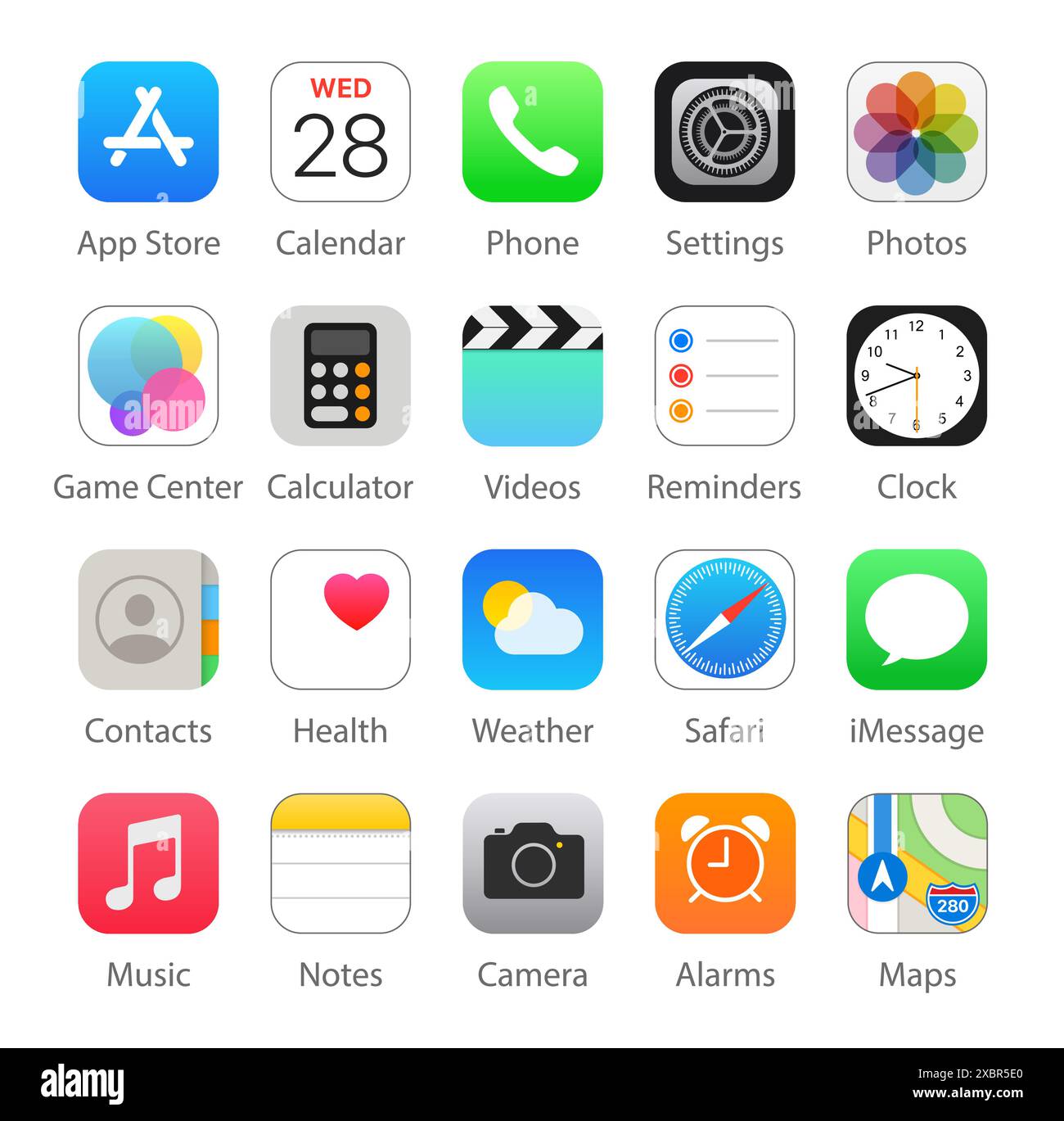 Kiew, Ukraine - 29. April 2022: Set von beliebten 20 IOS Apps Icons: Apple Store, Kalender, Telefon, Fotos und andere, Vektorillustration Stock Vektor