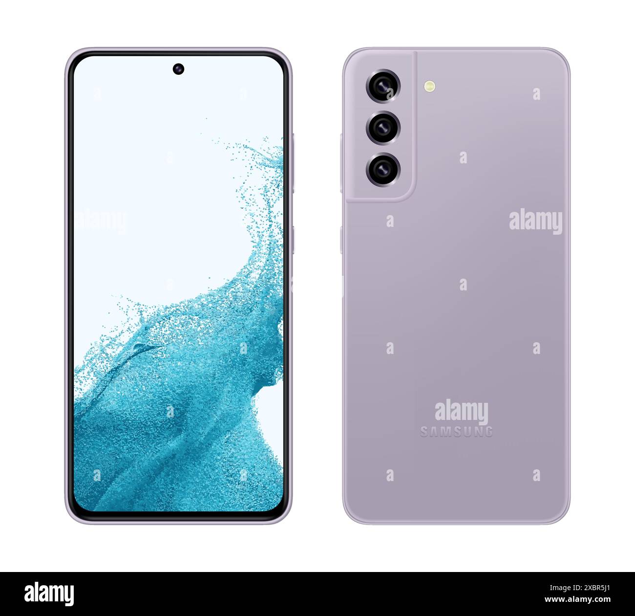 Kiew, Ukraine - 06. April 2022: Neues Smartphone Samsung Galaxy S21 FE auf Vorder- und Rückseite, in offizieller rosa Farbe, auf weißem Hintergrund. Realistisch Stock Vektor