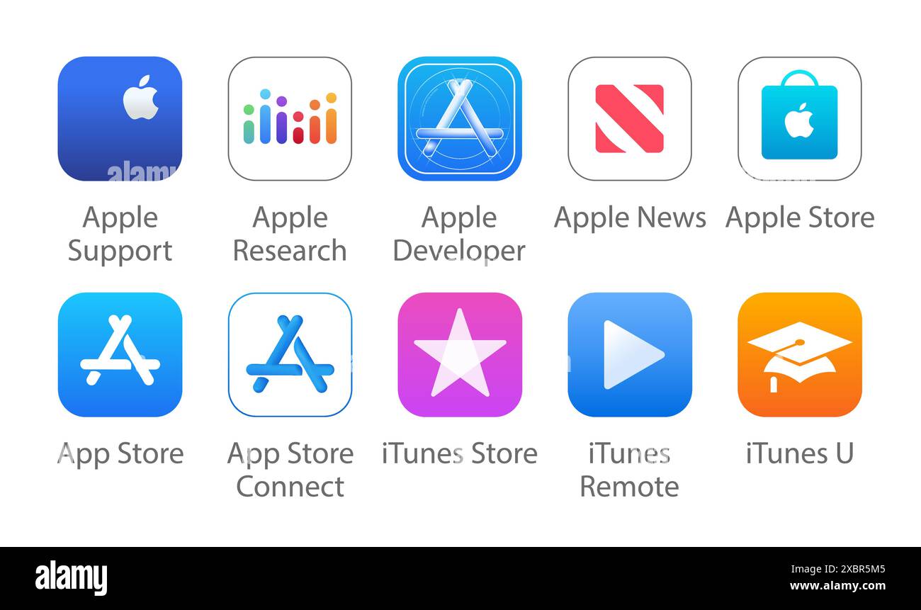 Kiew, Ukraine - 29. April 2022: Set von beliebten 10 iOS Apple Apps Symbolen: Apple Support, Apple Research, Apple Developer u. a., Vektorillustration Stock Vektor