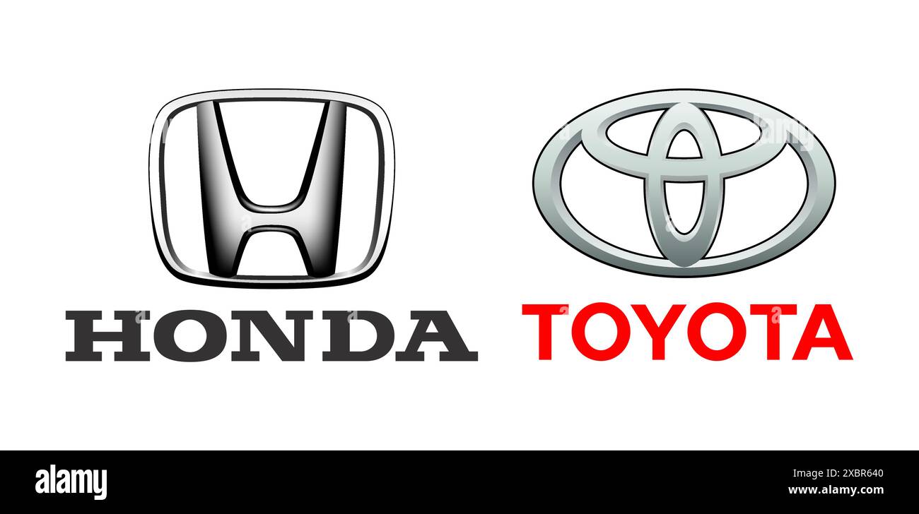 Kiyv, Ukraine - 28. Juli 2022: Sammlung beliebter japanischer Autologos: Honda und Toyota, Vektorillustration Stock Vektor