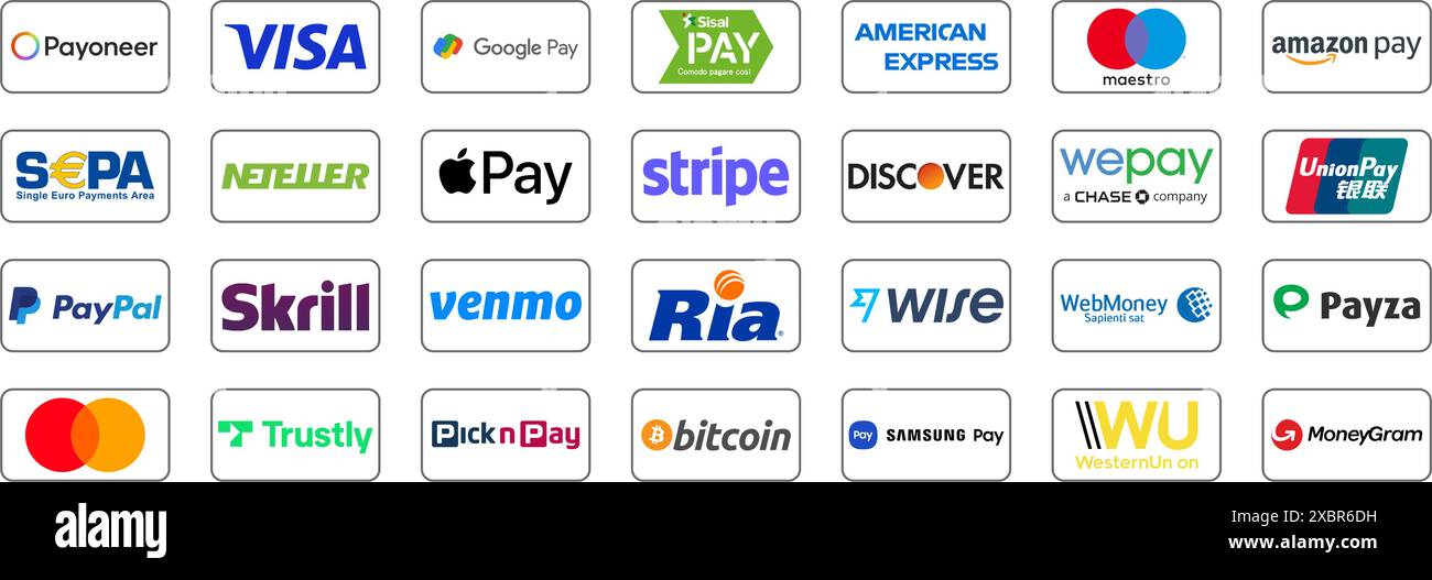Satz beliebter virtueller Schaltflächen für Zahlungssysteme: Google Pay, Payoneer, American Express, MasterCard, Visa und andere auf weißem Hintergrund, für Web des Stock Vektor