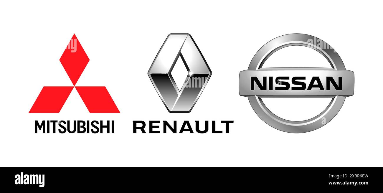 Kiew, Ukraine - 29. September 2022: Logos der Automobilhersteller-Allianz: Renault, Nissan, Mitsubishi, auf weißem Hintergrund, Vektorillustration Stock Vektor