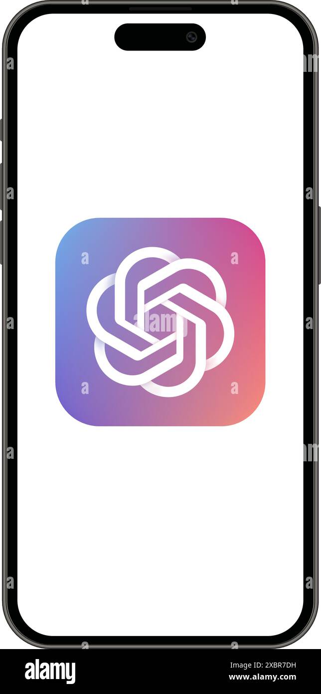 Smartphones Apple iPhone 14 Pro Max mit OpenAI ChatGPT-Symbol auf weißem Hintergrund. Realistische Vektordarstellung Stock Vektor