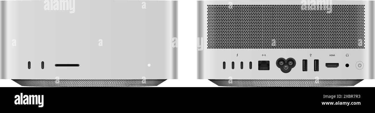 Apple Mac Studio mit M1-Chip, Schriftart-Ansicht, realistischer Vektorillustration. Mac Studio ist eine Workstation mit kleinem Formfaktor, die entwickelt, hergestellt und von der basis her entwickelt wurde Stock Vektor