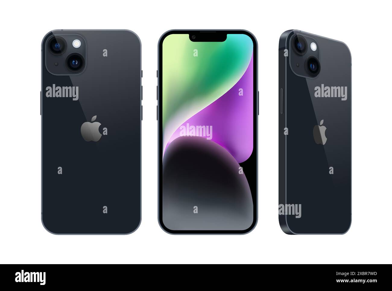 Kiew, Ukraine - 28. September 2022: Set des Smartphones Apple iPhone 14 in verschiedenen Seiten, in offizieller Mitternachtsfarbe, auf weißem Hintergrund. Realistisch Stock Vektor